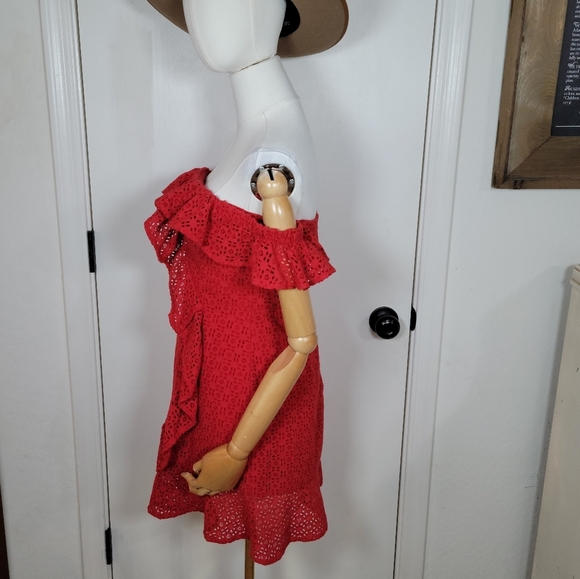 Bardot Red Eyelet Cotton Dress Off Shoulder Size 6/S - Picture 5 of 13